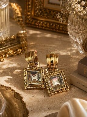 GIVENCHY Vintage Square Crystal Rhinestone Earrings